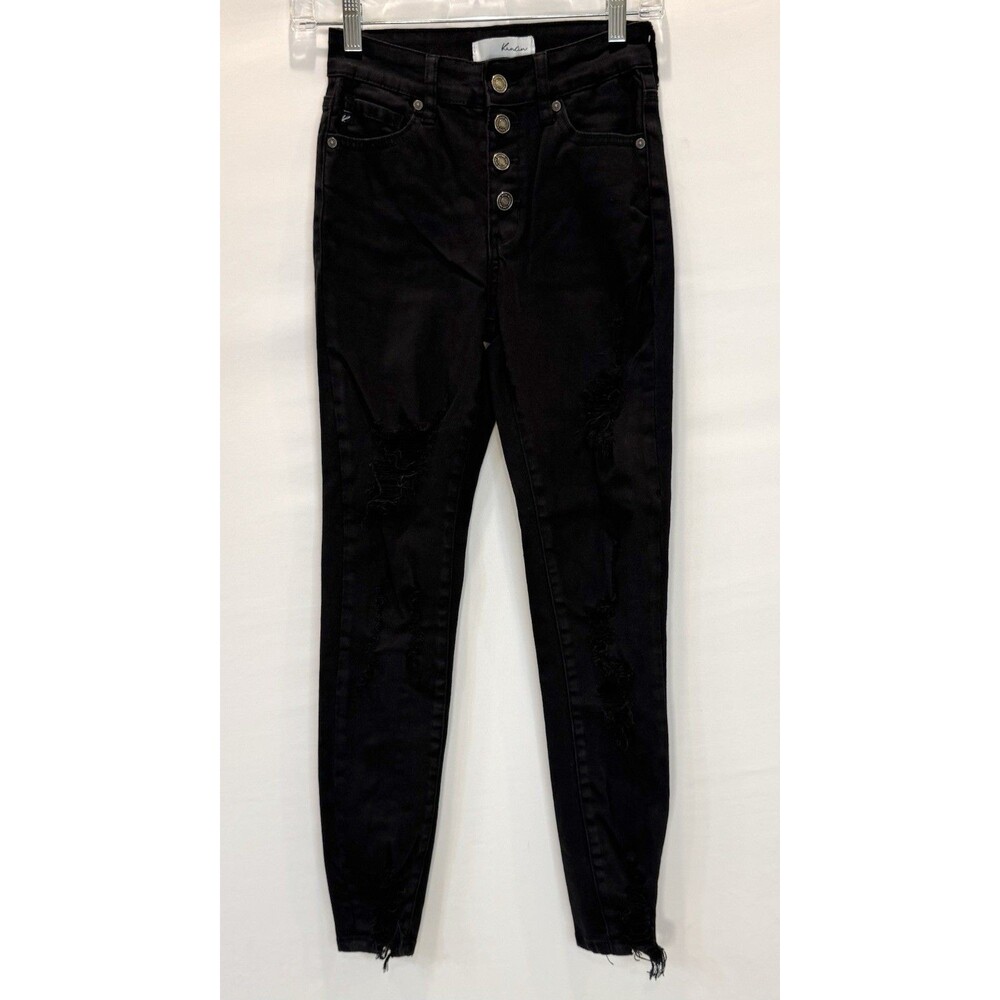 Kancan Black High Rise Distressed Raw Hem Button Fly Skinny Jeans Women's 5/26
